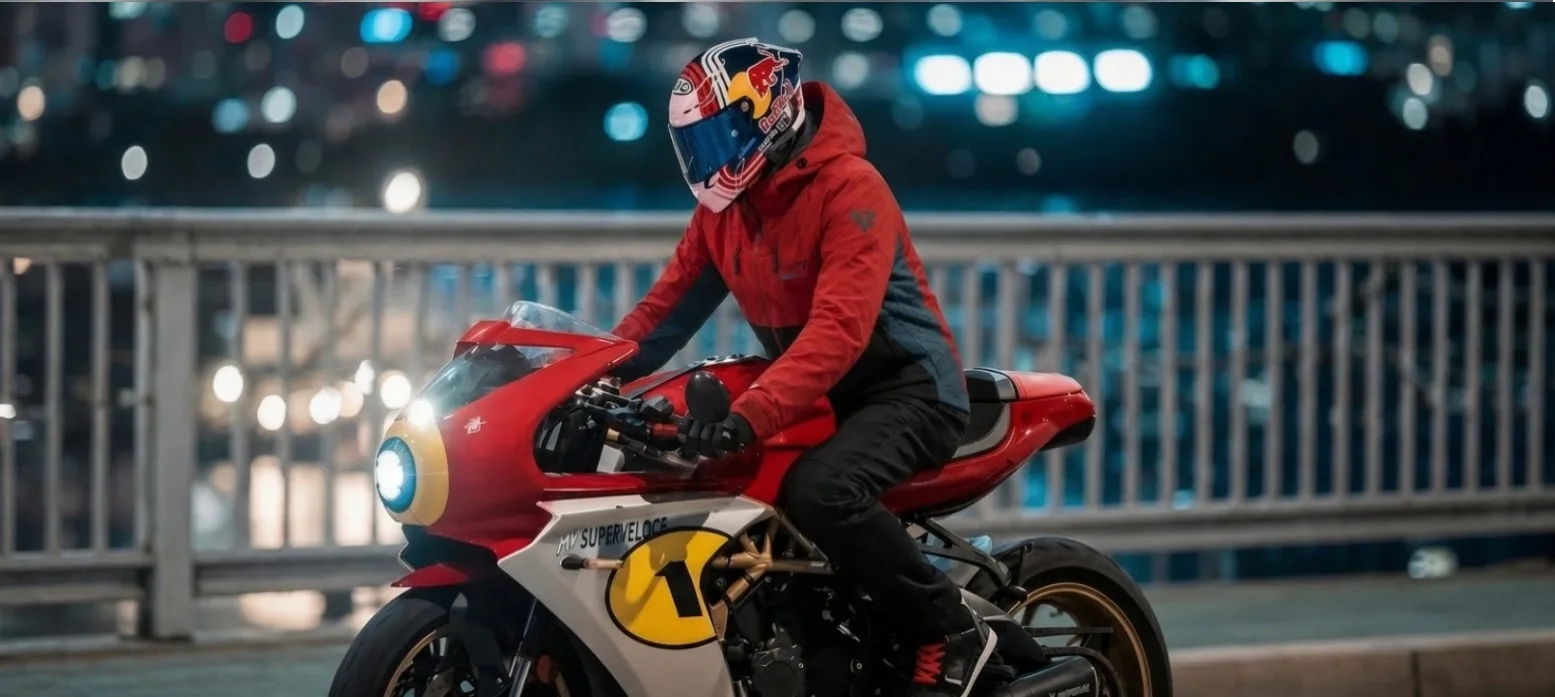 Night rider on a red cafe racer
